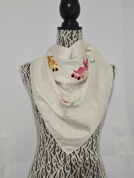 no brand Accessories - Ivory Silk Scarf with Embroidered Koi Accents